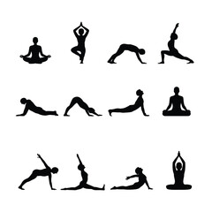 yoga icon set. set of yoga icon set. yoga silhouette icon set. Collection of black yoga poses silhouettes on a white background representing different asanas and meditation