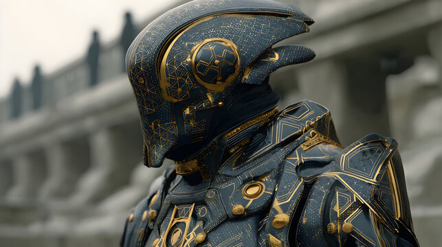 Futuristic cyborg warrior standing in decorative gold armor