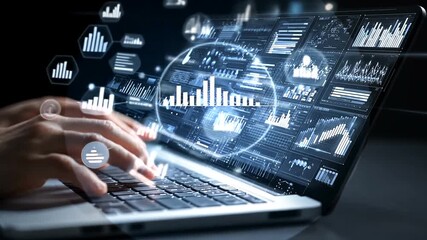 Hands typing on laptop, glowing holographic data analysis interface - Powered by Adobe