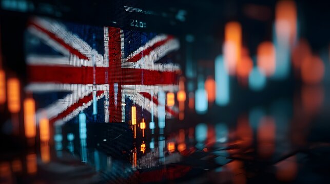 Digital display of a national flag overlaid with financial market bar graphs