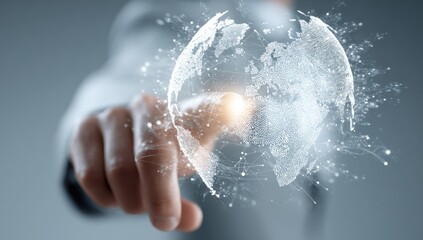 A hand points at a holographic, interconnected globe