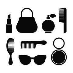 beauty icon set. set of cosmetic icon set. Collection of black silhouette beauty and cosmetic accessories for women including lipstick perfume bag combs and sunglasses
