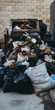Urban trash overflowing dumpster creating a large pile