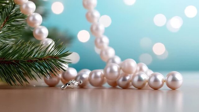 Elegant pearl necklace with evergreen branch festive sparkling bokeh lights winter holiday jewelry