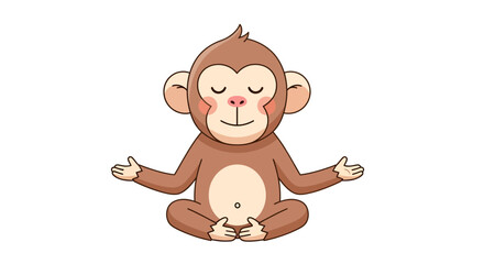 Cartoon Monkey Meditating with Eyes Closed and Peaceful Expression on a White Background