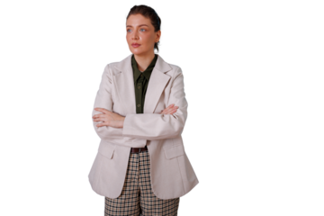 Businesswoman standing and thinking, arms crossed, portraying confidence, leadership, empowerment, and success, on transparent background