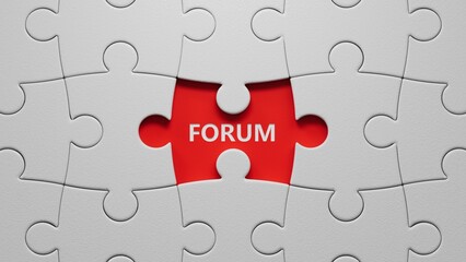 puzzle pieces with missing pieces with FORUM business word.close up of puzzle pieces with missing pieces,Business Concept.3D rendering.