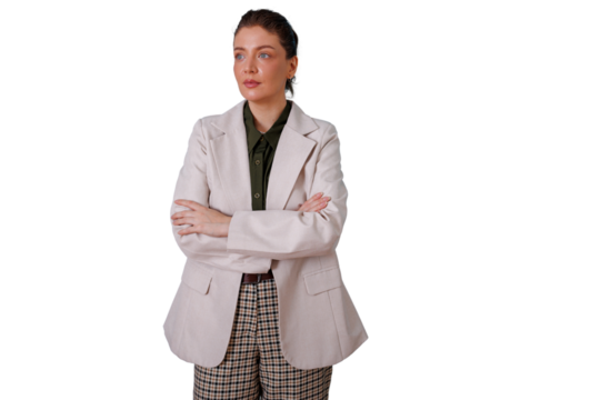 Businesswoman standing and thinking, arms crossed, portraying confidence, leadership, empowerment, and success, on transparent background