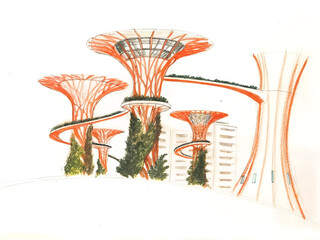 Futuristic supertree park concept illustration, sustainable urban design