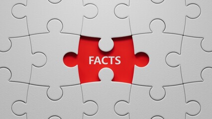 Dice form the word "facts".3D rendering.