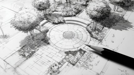 Hand drawing by a landscape architect depicting a concept plan for a new public urban park, featuring central circular paving, planting areas, and pathways