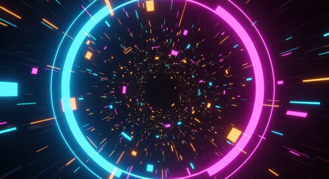 Neon tunnel abstract background with glowing particles and circular shapes