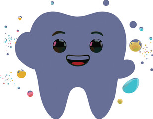 Happy cartoon tooth character illustration, dental hygiene mascot design, smiling tooth with colorful orbs, playful dentistry artwork, kids dental health education
