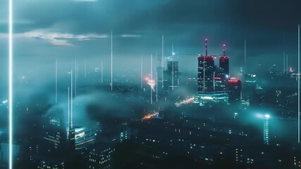 Futuristic cityscape with glowing data lines and digital network overlay, shrouded in fog, symbolizing modern technology and AI. - Powered by Adobe