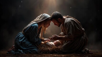 Mary, joseph kneeling beside newborn jesus, soft divine light illuminating dark stable, traditional christmas nativity scene video 4k