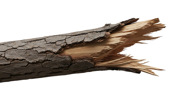 Isolated on white background, a broken tree branch with rough bark and splintered wood, showcasing the raw texture and natural damage from a storm or accident in a studio shot