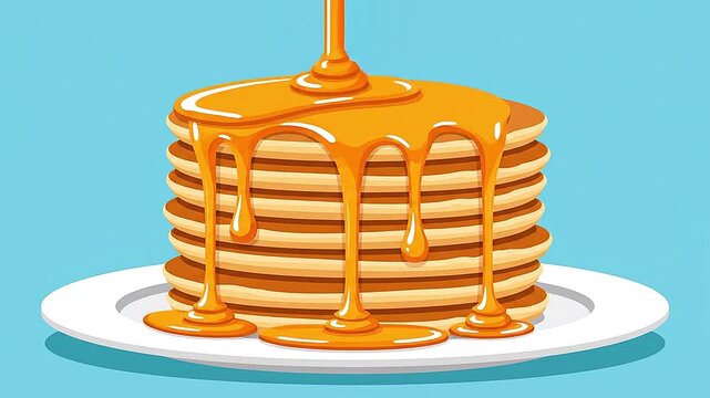 Slow motion vector syrup pouring over a stack of pancakes, flat art style.