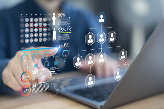Businessperson conducts interview for employee recruitment inside boardroom, using digital hr management tools for planning, hiring, and monitoring job employment process