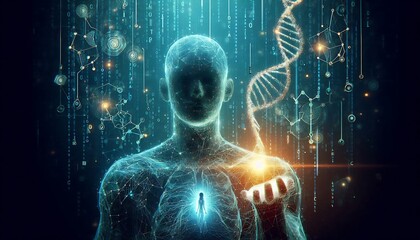 Futuristic humanoid form intertwined with digital dna and data streams