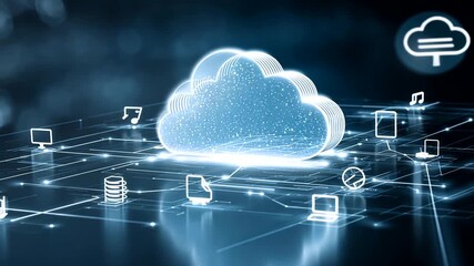A glowing blue cloud icon represents cloud computing and digital data network - Powered by Adobe