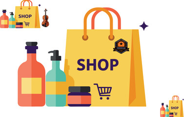 Naklejka premium Shopping bag illustration, premium quality products, retail marketing design, e-commerce branding icon, beauty care packaging, shop logo, consumer goods promotion