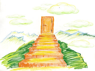 Stairs ascending to door on hill, journey, opportunity concept