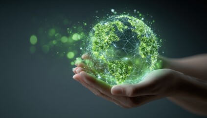 Hands holding a digital globe of the Earth, illuminated with glowing green energy