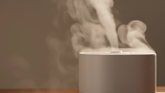 White Humidifier Emitting Steam on a Wooden Table With a Neutral Gray Background Creates a Soothing Atmosphere Optimized for Adobe Stock Photo