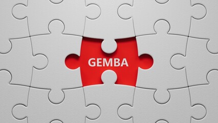 Fototapeta premium Word gemba. Wooden small puzzle pieces with missing pieces with letters with copy space available.close up of puzzle pieces with missing pieces,Business Concept.3D rendering.