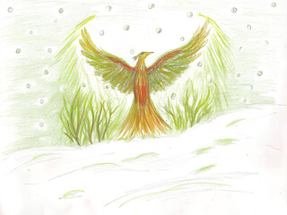 Colorful phoenix spreading wings in a mystical green fantasy landscape