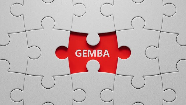 Word gemba. Wooden small puzzle pieces with missing pieces with letters with copy space available.close up of puzzle pieces with missing pieces,Business Concept.3D rendering.