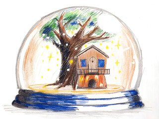 Cozy treehouse in magical snow globe, a hand drawn crayon art