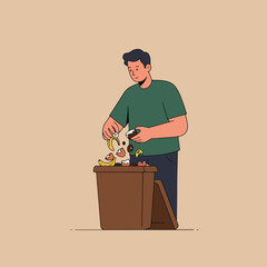 A man throwing food scraps into a brown trash can. Bananas, eggshells and coffee grounds are visible