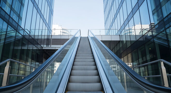 Modern escalator leading upwards between glass office buildings in an urban environment symbolizing progress and innovation with clear sky backdrop - Powered by Adobe