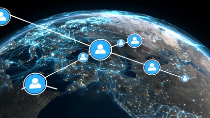 Global network connections with user icons on a glowing Earth at night - Powered by Adobe