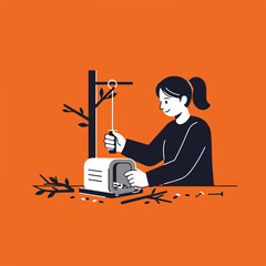 Simplified illustration of a person feeding a birdhouse. Depicts a woman with a feeder