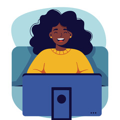 Illustration of a smiling person with dark curly hair looking at a monitor. They wear yellow. The background has shapes