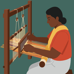 A person, depicted in flat illustration, weaving on a wooden loom, focused in their craft, wearing colorful fabrics