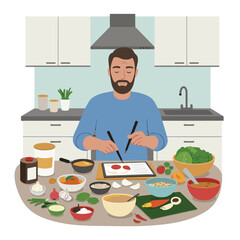 A man cooks in a kitchen, using a tablet, surrounded by fresh ingredients. Various bowls