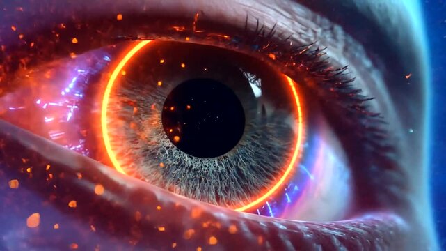 Human eye with glowing orange iris ring, surrounded by blue light effects