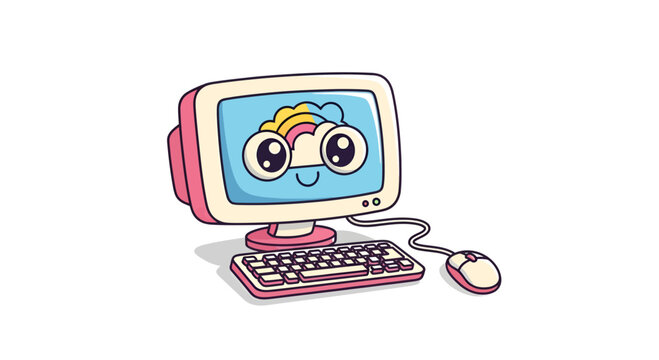 Cartoonish Retro Computer with Animated Face and Rainbow Cloud on the Screen