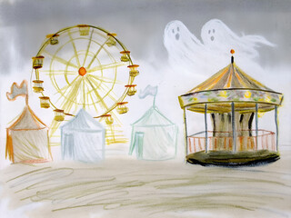 Childlike drawing of a spooky fairground with ghosts and rides