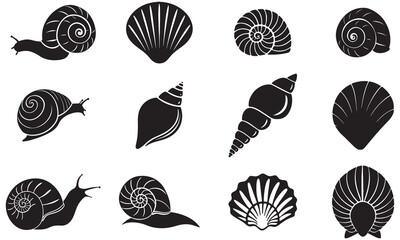 Snail and Seashell Silhouette Vector Set | Marine Mollusk Clipart Collection .