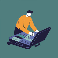 A person packing a suitcase. The illustration shows a person packing clothes into a suitcase with a green background