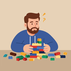 Cartoon man puzzled over toy building blocks, some on table, with question mark above head