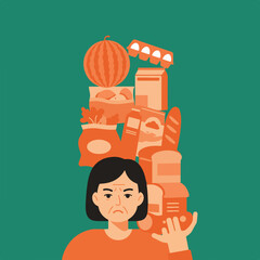 Illustration depicts a concerned person overloaded with grocery items, expressing stress over rising costs