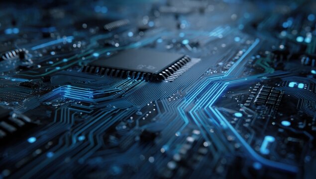 Close-up circuit board with glowing components