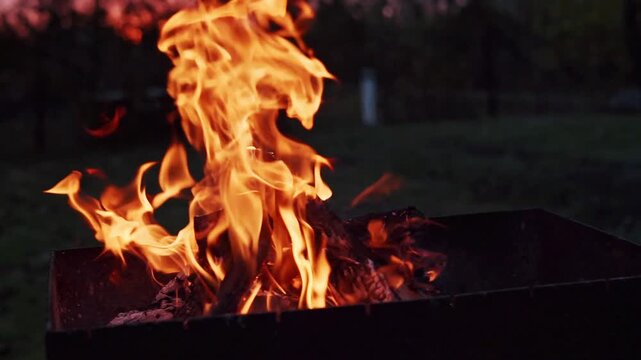 bonfire burning in the dark, sparks flying, wood burning in the fire flame, barbecue fireplace, night, time outdoors