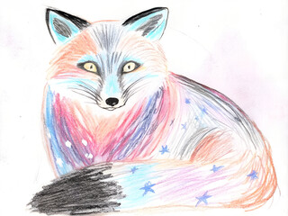Colorful celestial fox drawing with stars, whimsical animal art