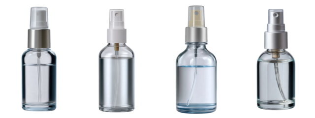 Four distinct transparent spray bottles, showcasing various designs suitable for a wide range of liquids like sanitizers, fragrances, and home solutions